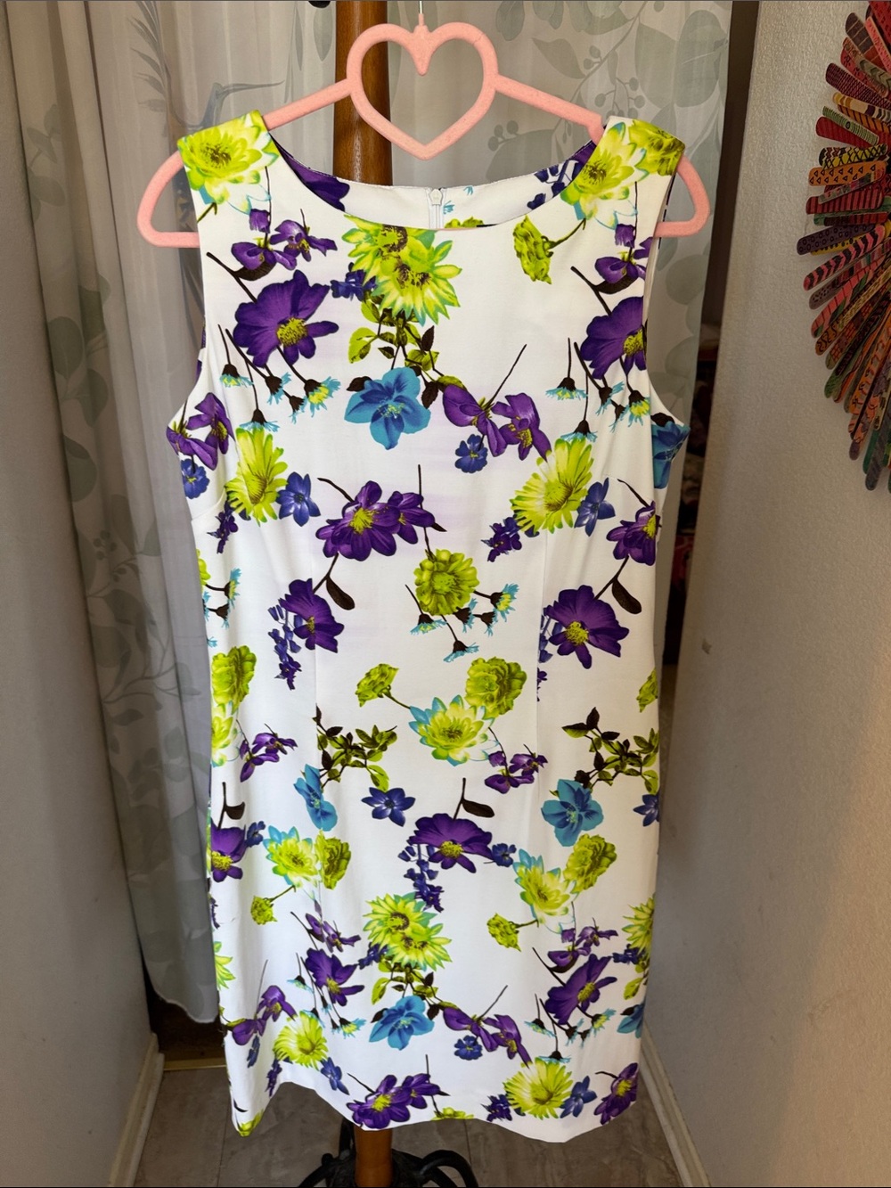 Sleeveless White Shift Dress with Purple & Lime Floral Print